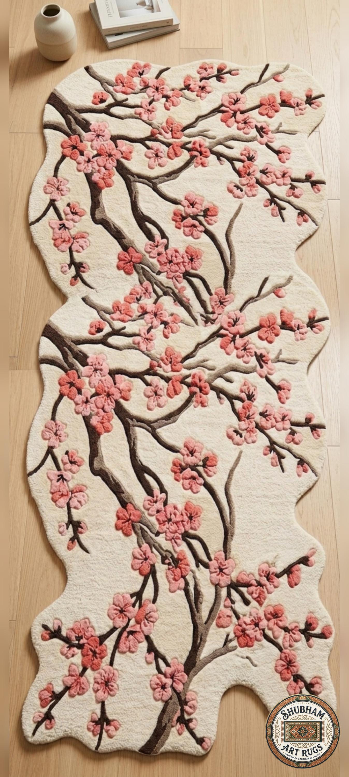 Hand Tufted Cherry Blossom Wool Rug, New Zealand Wool, Organic Floral Carpet Runner