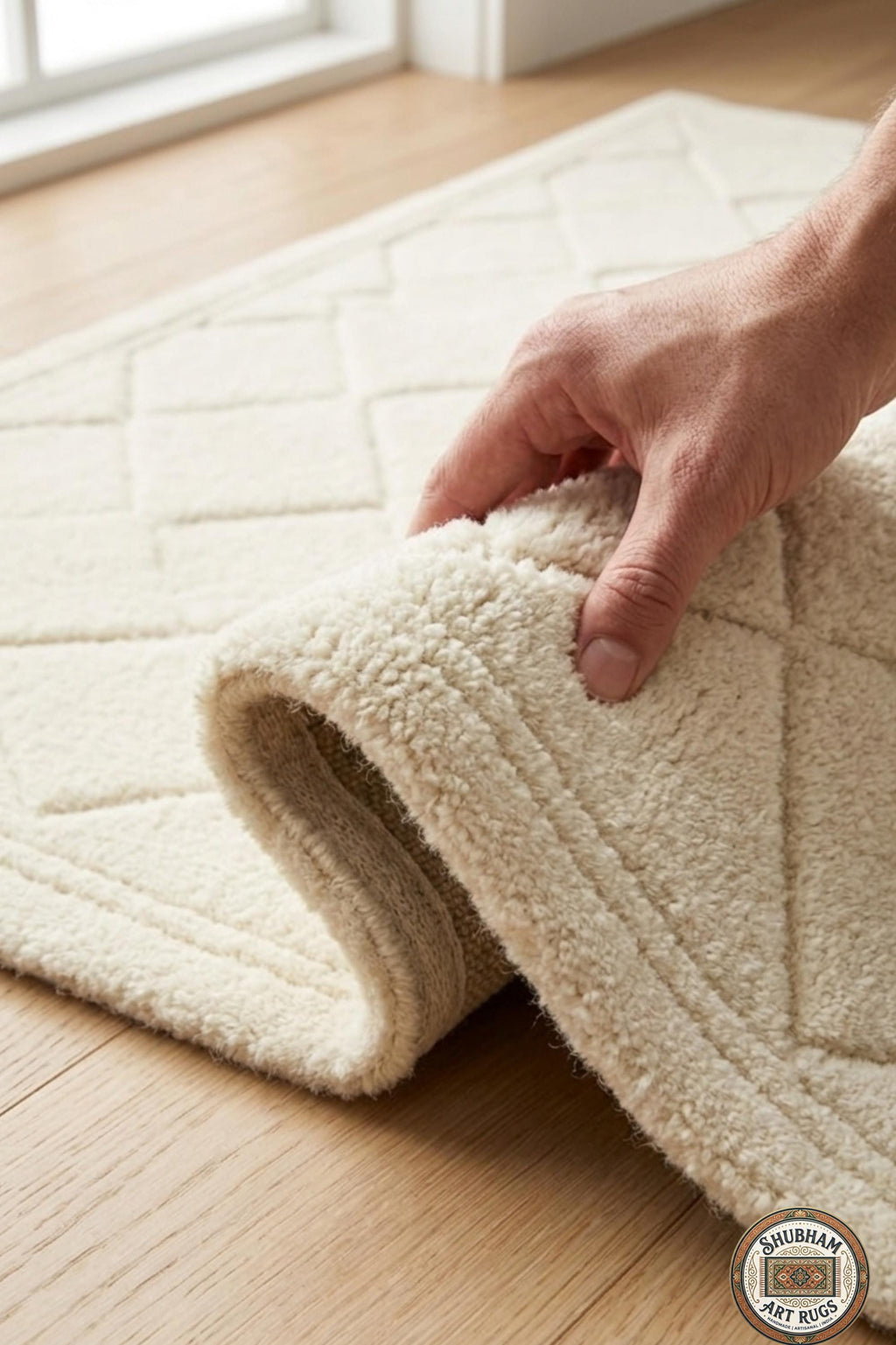 Hand Tufted Wool Rug: Ivory Geometric Diamond, Plush Modern Carpet