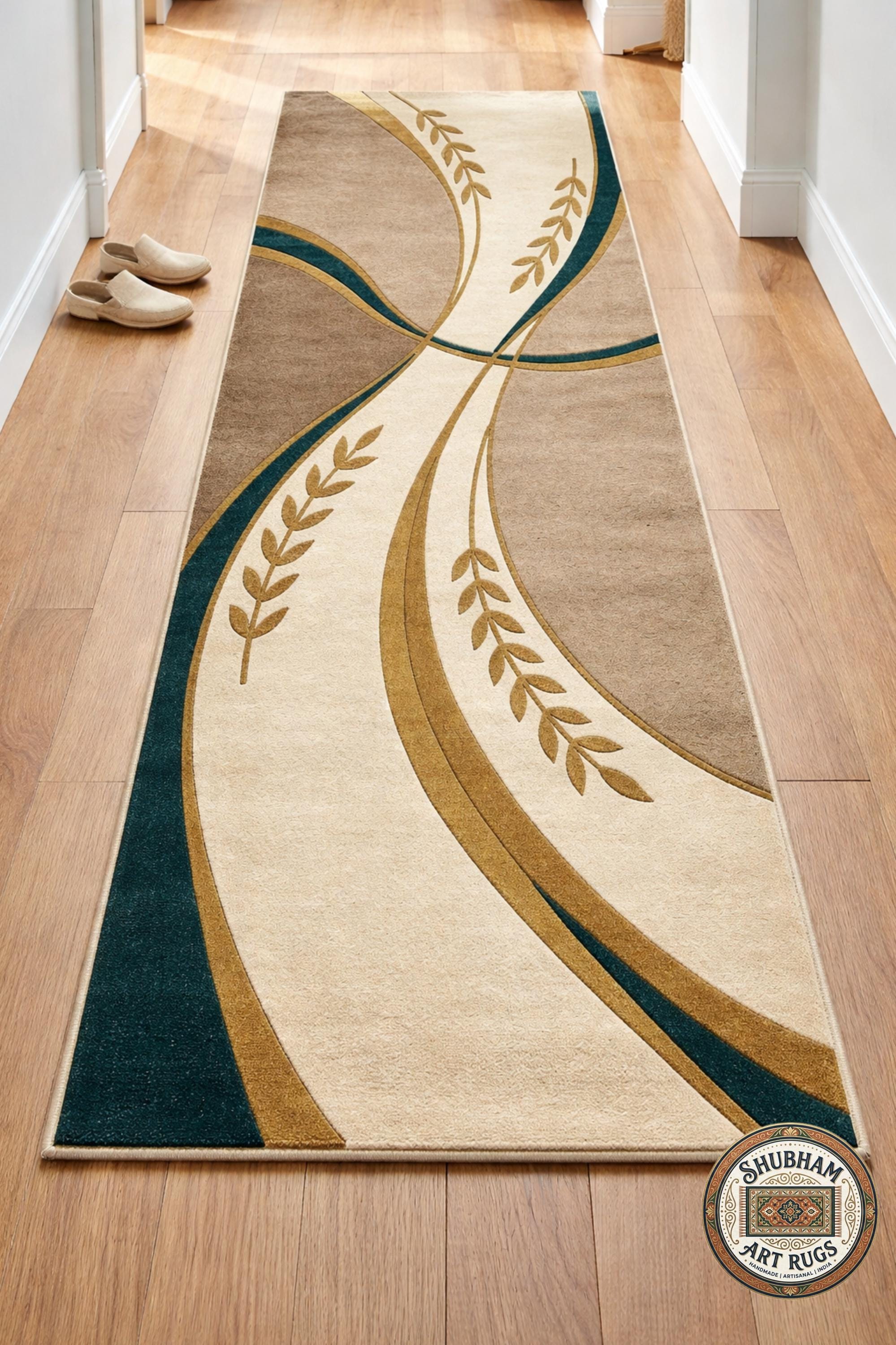 Alfombra de Lana Tufting Manual, Diseño Abstracto Moderno Beige Turquesa Oro, Alfombra para Sala de Estar Dormitorio