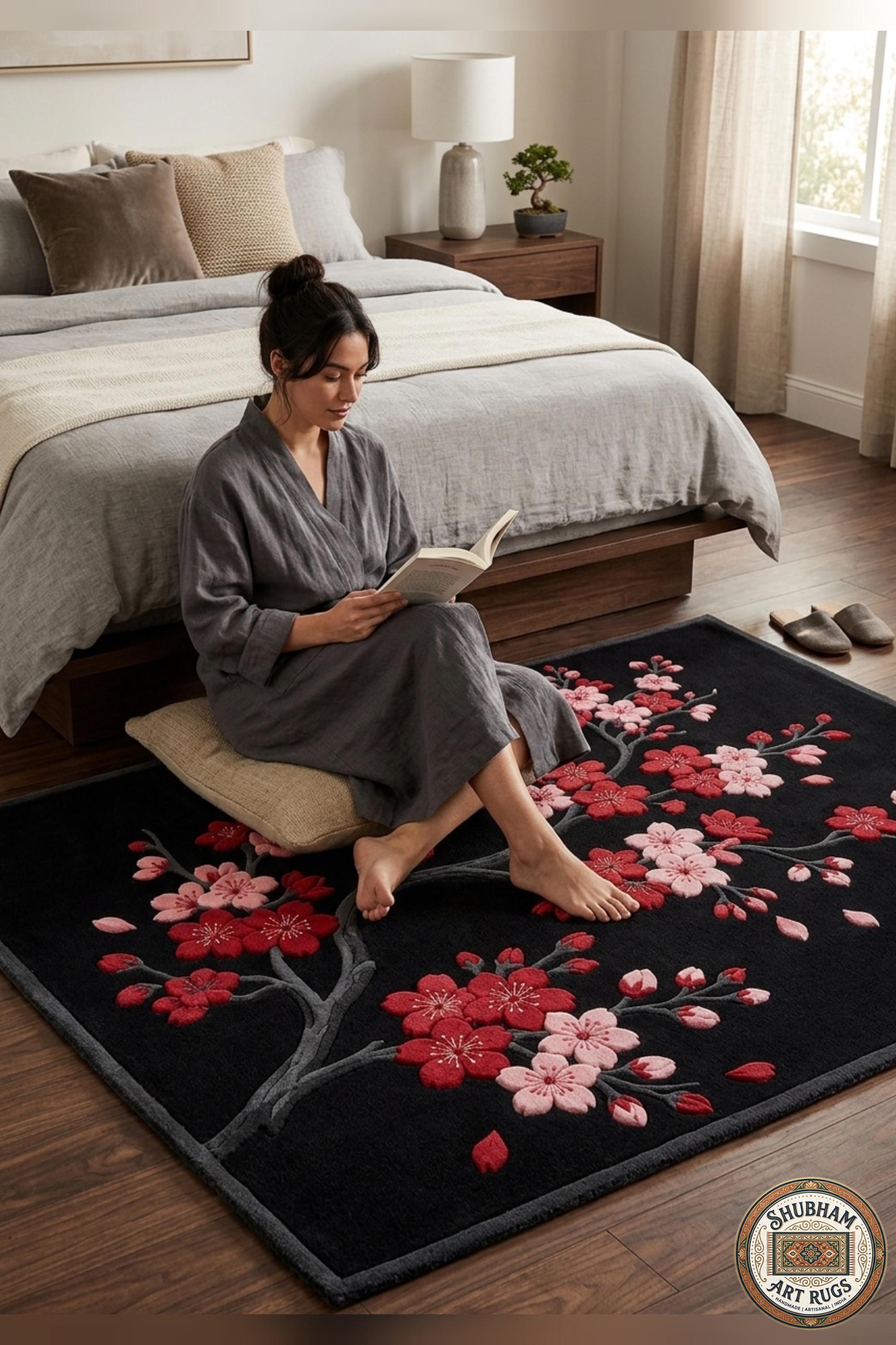Hand Tufted Wool Cherry Blossom Rug, Japanese Floral Carpet, Black Pink Area Rug