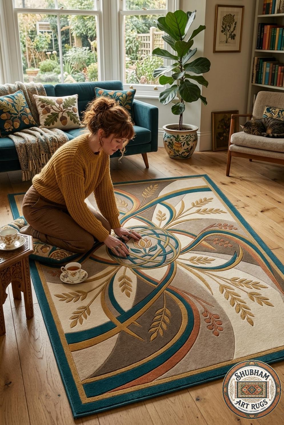 Hand Tufted Wool Round Rug, Floral Abstract Art Deco, Beige Green Gold Living Room