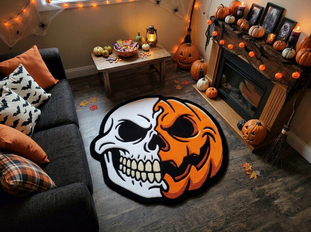 Hand Tufted Skull Pumpkin Halloween Wool Rug, Gothic Fall Decor Minimalist Living Room Carpet