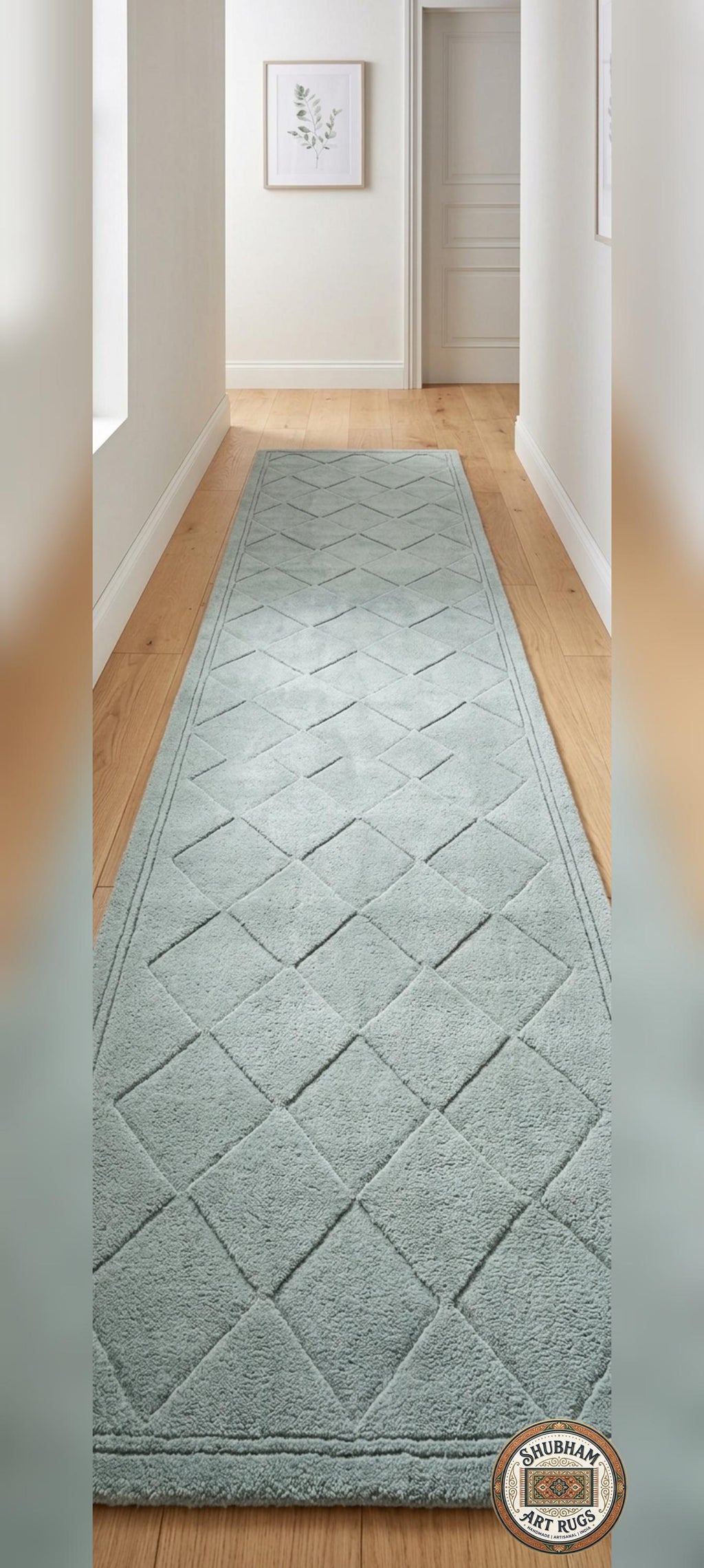 Alfombra de Lana Azul de Tufting Manual Geométrico – Tapete Moderno Minimalista para Sala de Estar