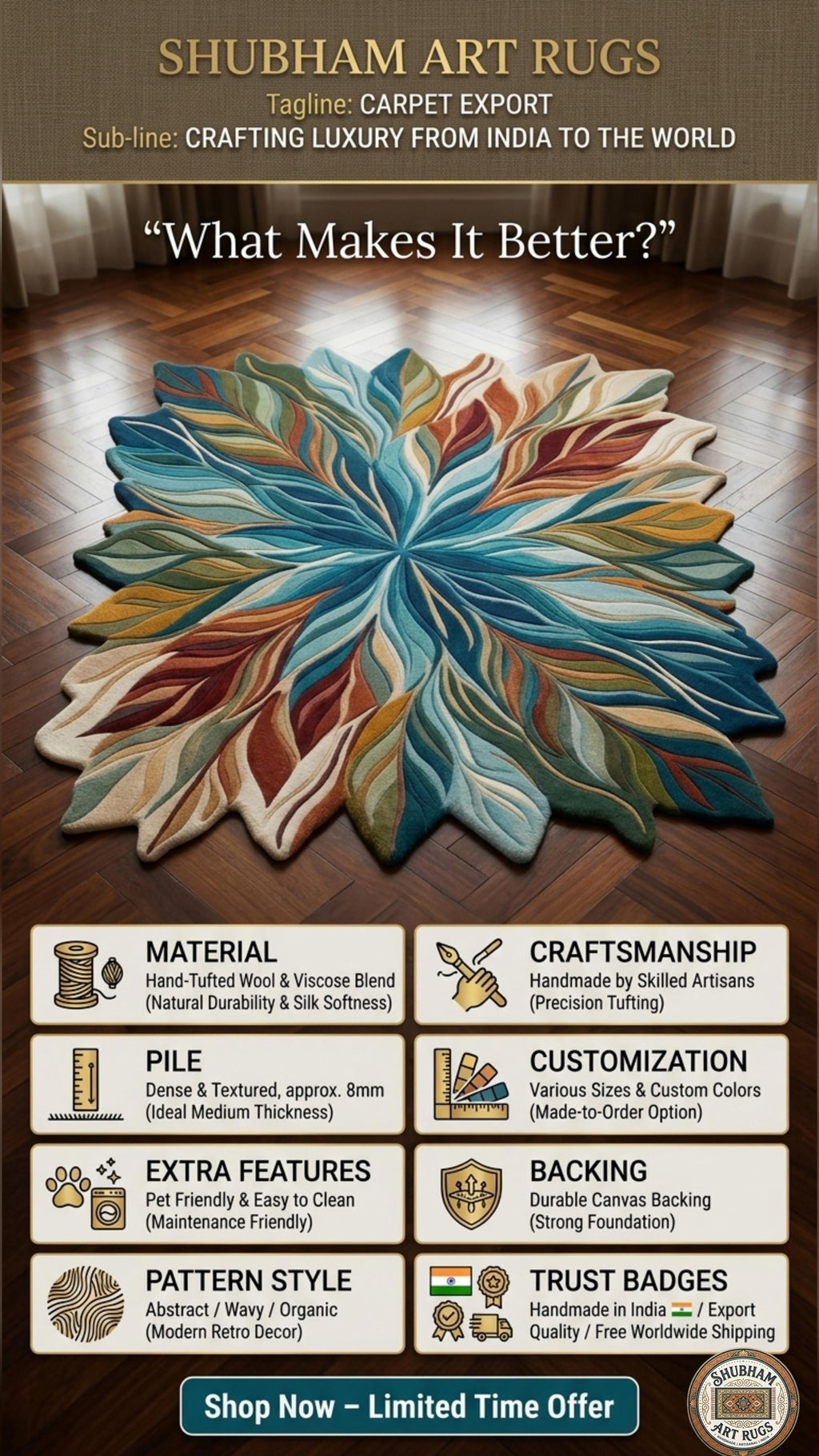 Hand Tufted Wool Leaf Rug, Organic Modern Area Carpet, Living Room Decor