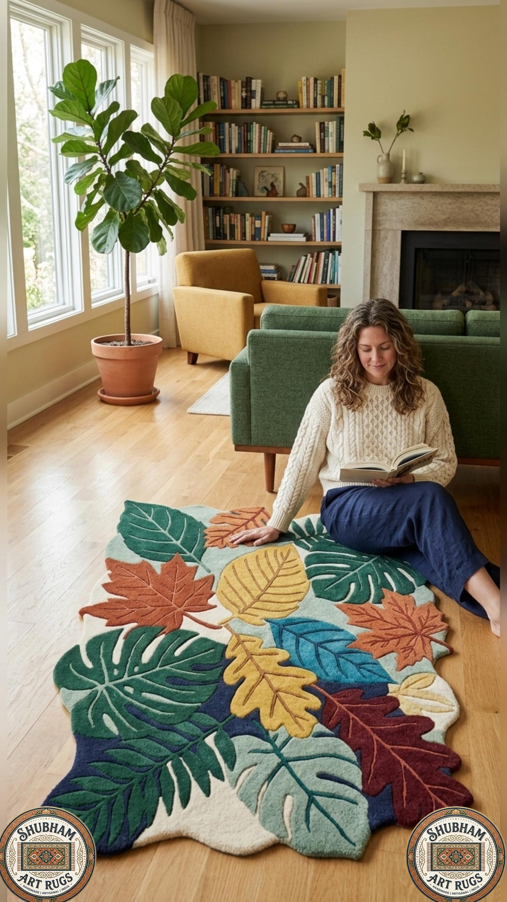 Hand Tufted Leaf Rug, Wool Botanical Carpet, Nature Area Rug, Custom Size