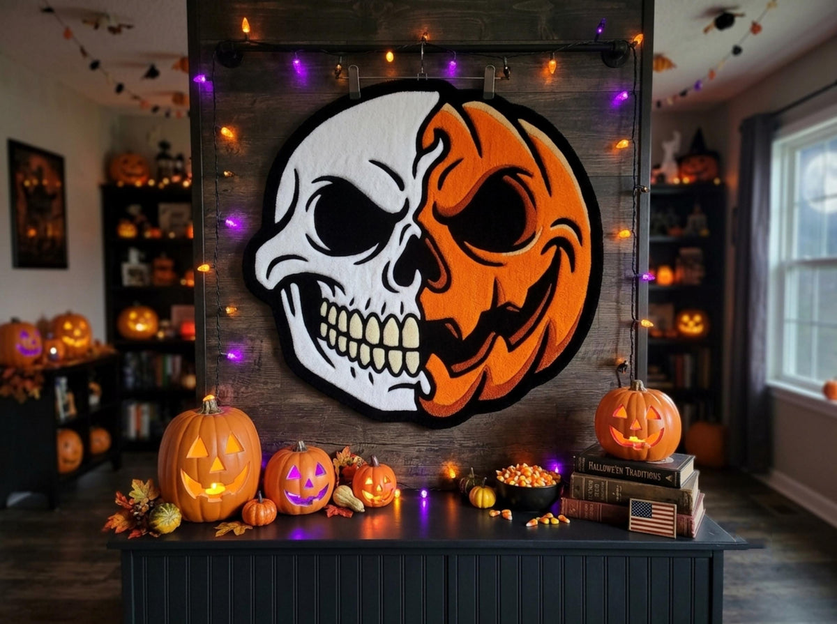 Hand Tufted Skull Pumpkin Halloween Wool Rug, Gothic Fall Decor Minimalist Living Room Carpet