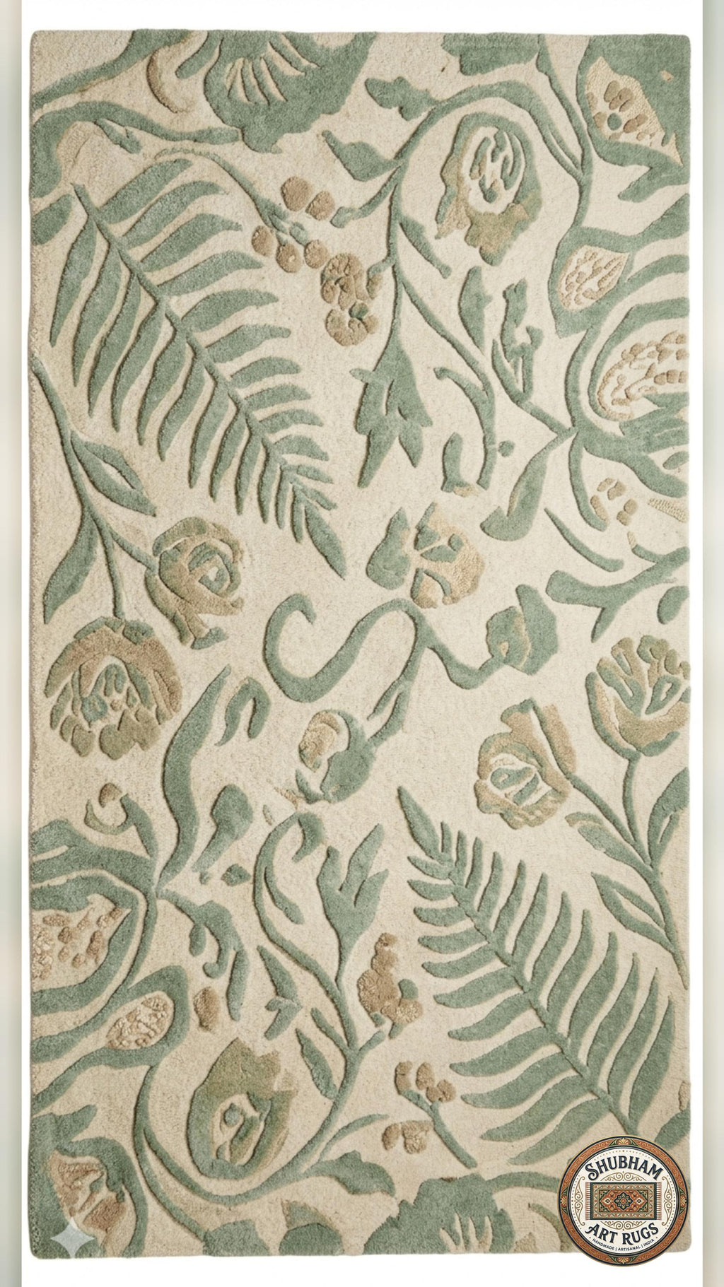 Hand Tufted Wool Rug, Botanical Design, Green Beige, Custom Size Area Carpet