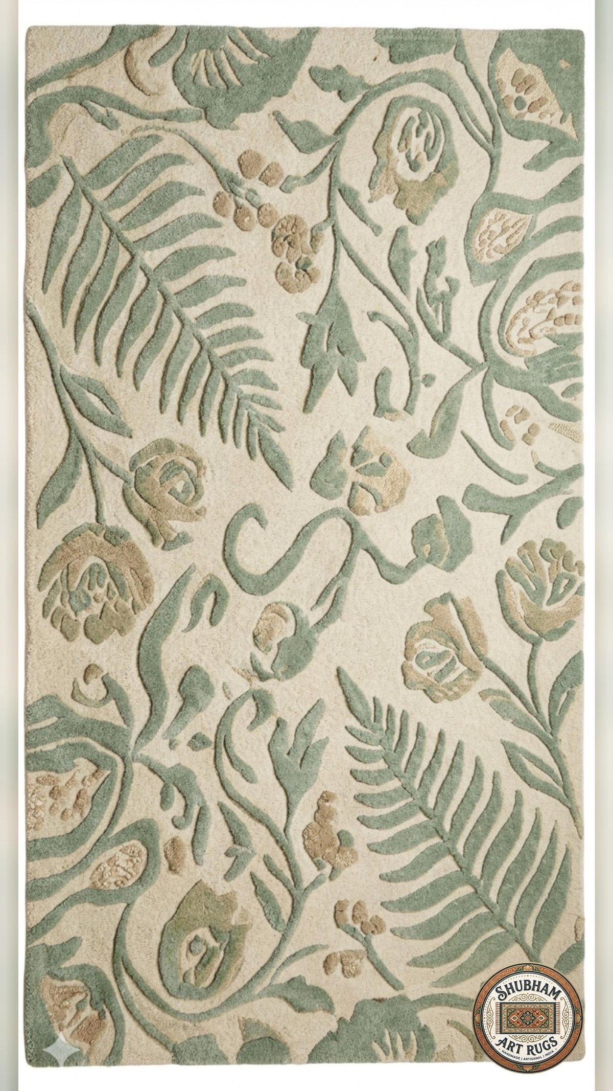 Hand Tufted Wool Rug, Botanical Design, Green Beige, Custom Size Area Carpet