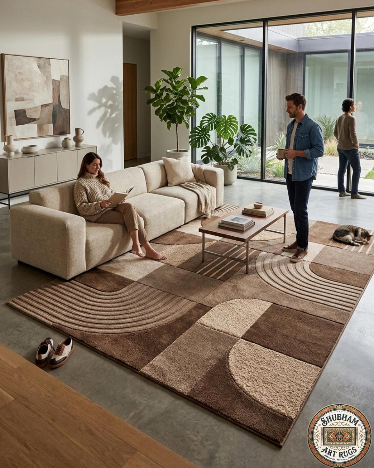 Hand Tufted Wool Rug, Geometric Abstract Brown Beige Carpet, Modern Living Room Area Rug