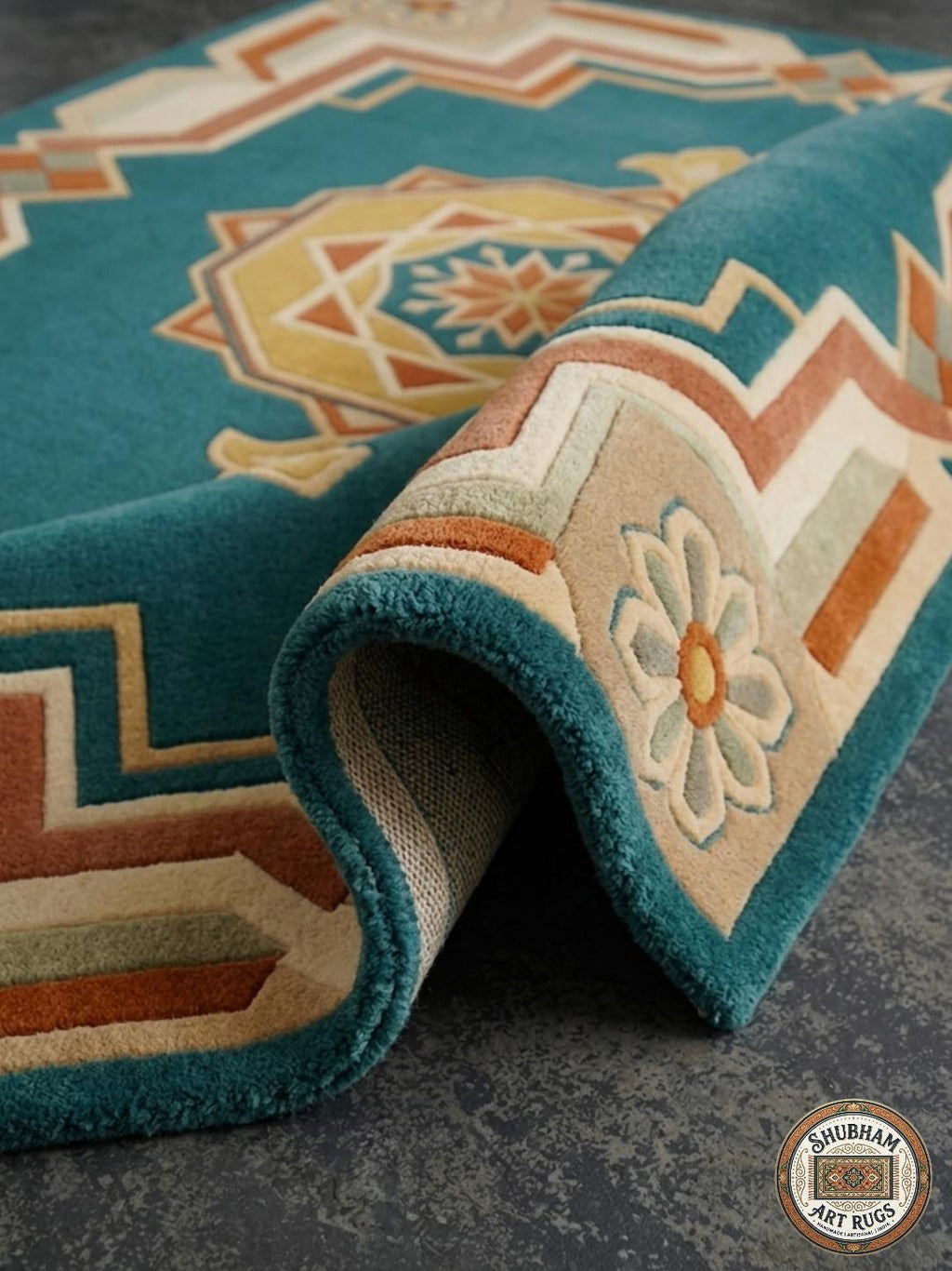 Teal Persian Medallion Wool Rug – Hand Tufted Geometric Living Room Carpet