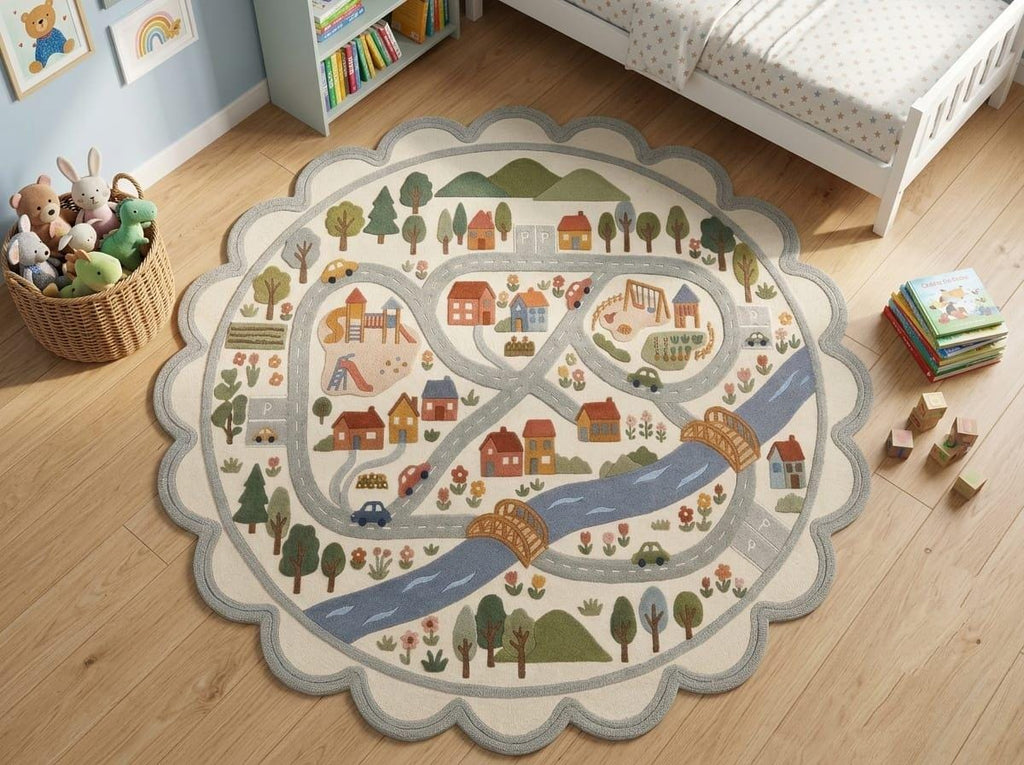 Hand Tufted New Zealand Wool Kids Road Map Rug Scalloped Border Playroom Boho Living Room Carpet