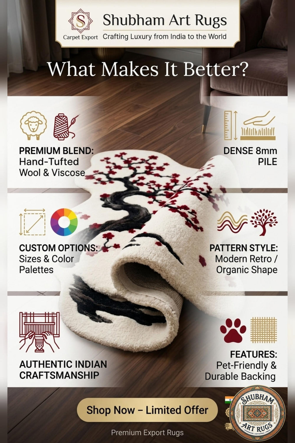 Hand Tufted Wool Rug, Cherry Blossom Tree, Organic Shape, Japanese Floral Carpet