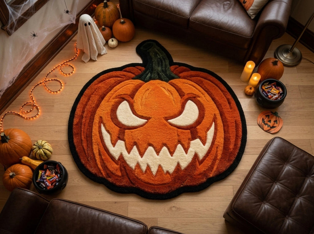 Halloween Pumpkin Rug, Hand Tufted New Zealand Wool, Jack O Lantern Area Rug, Spooky Fall Decor, Gothic Halloween Home Gift Decor!