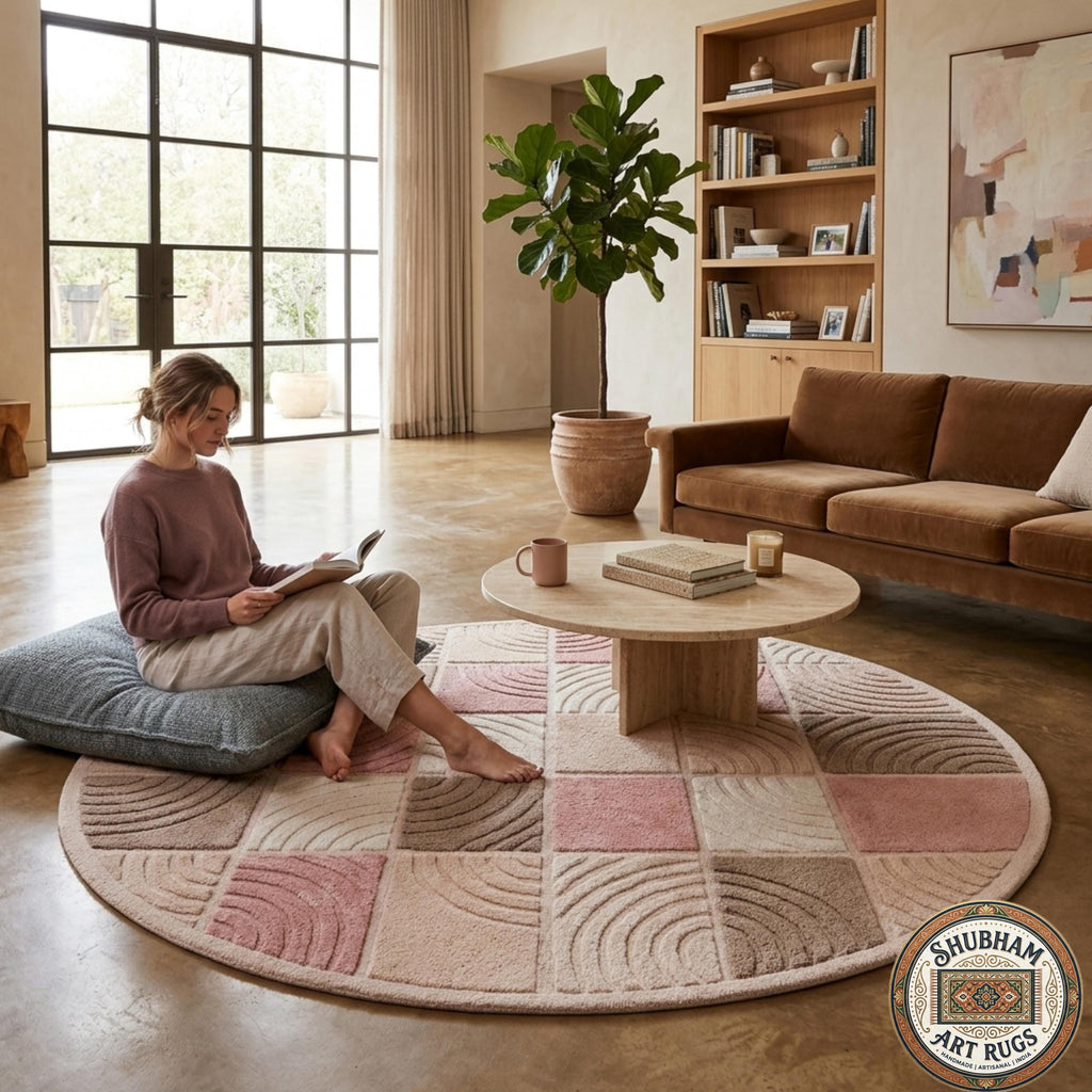 Hand Tufted Wool Rug, Soft Pink Beige Checkered Nursery Carpet, New Zealand wool