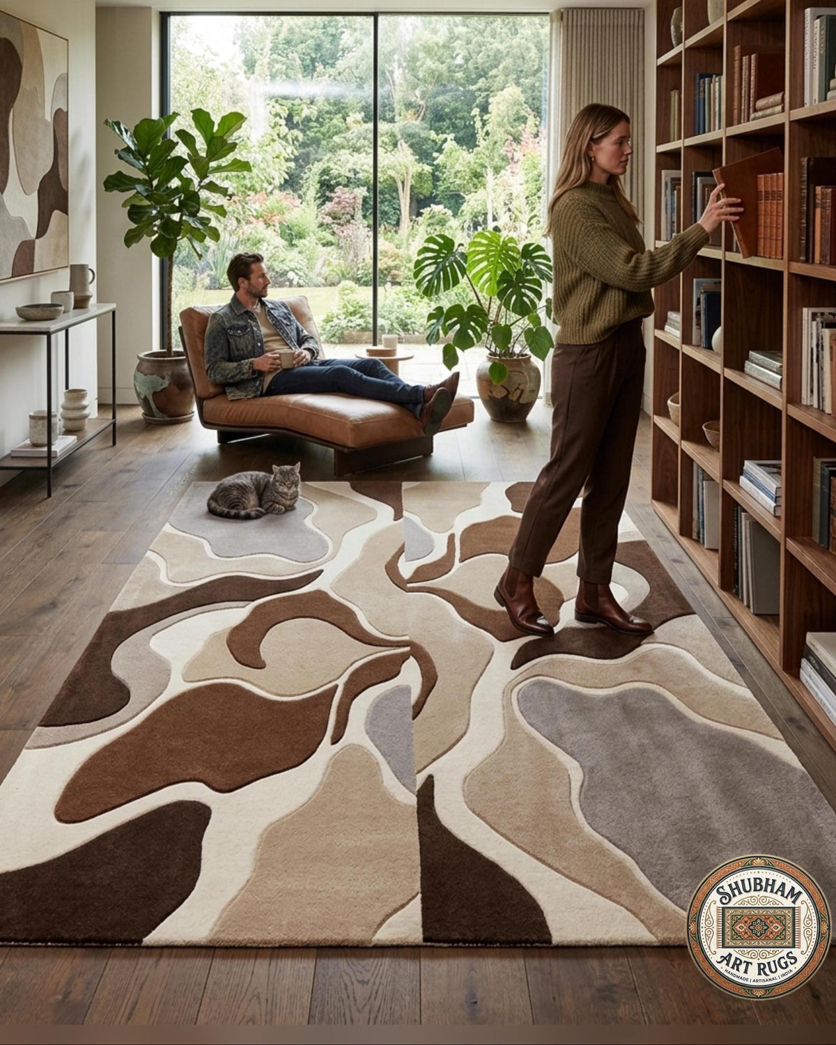 Hand Tufted Wool Rug, Abstract Organic Modern Area Carpet, Brown Beige Home Decor