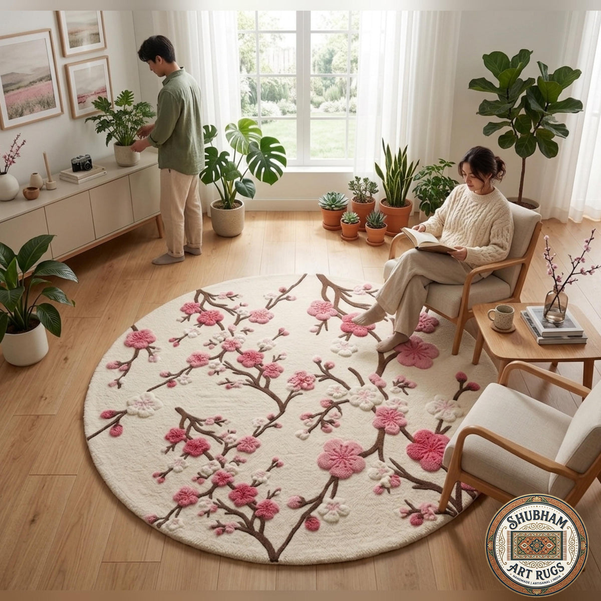 Hand Tufted Wool Cherry Blossom Rug, New Zealand Wool Botanical Carpet