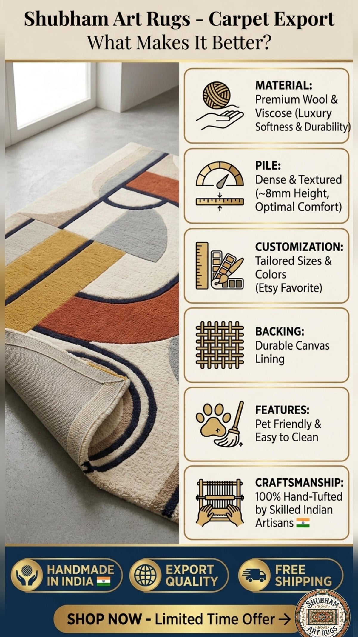 Hand Tufted Wool Rug: Modern Geometric Abstract Carpet, Custom Size Living Room Area Rug