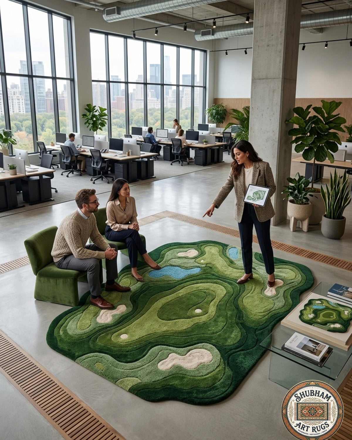Hand Tufted Wool Rug, Organic Abstract Green Modern Area Carpet, Luxury Designer Home Decor