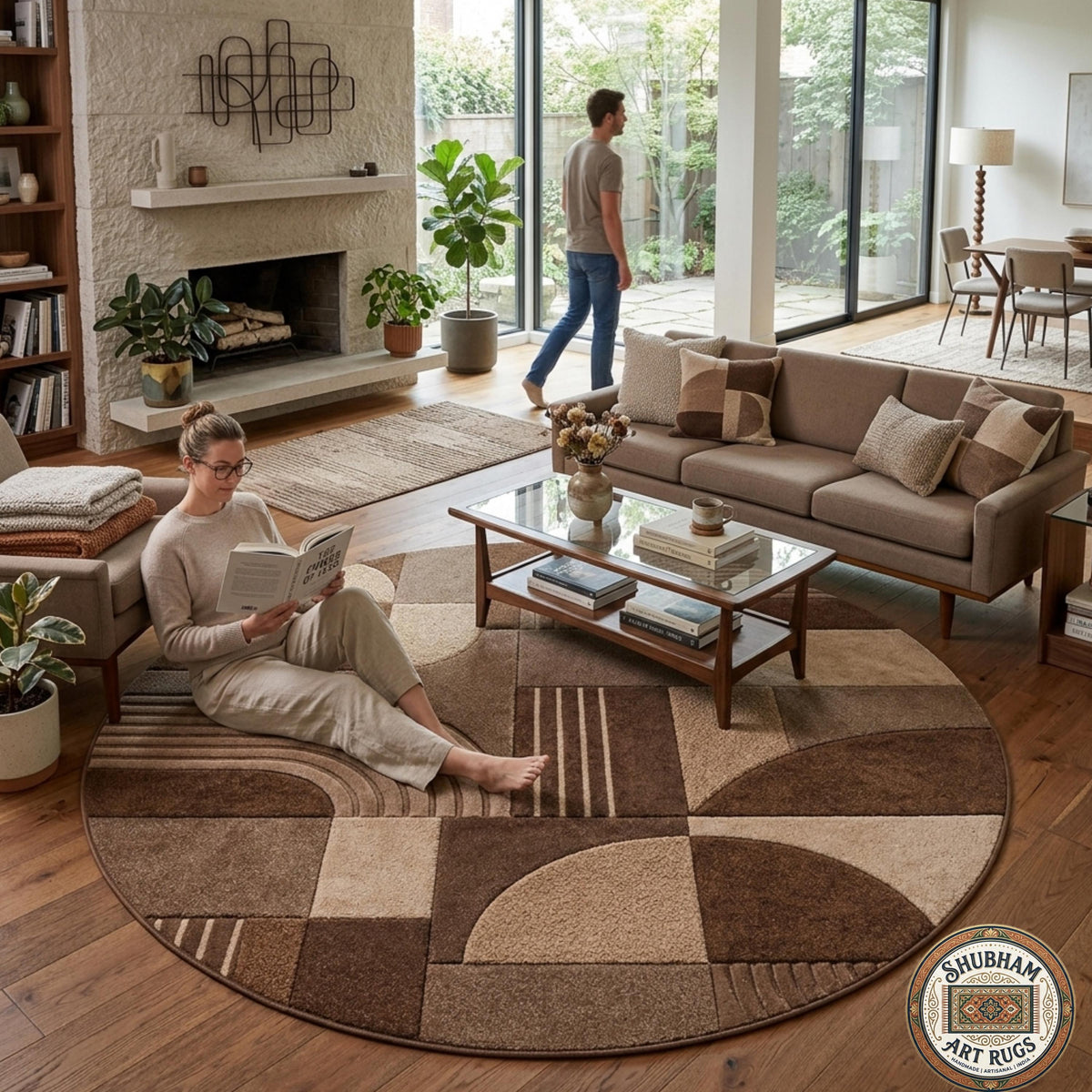 Hand Tufted Wool Rug, Geometric Abstract Brown Beige Carpet, Modern Living Room Area Rug