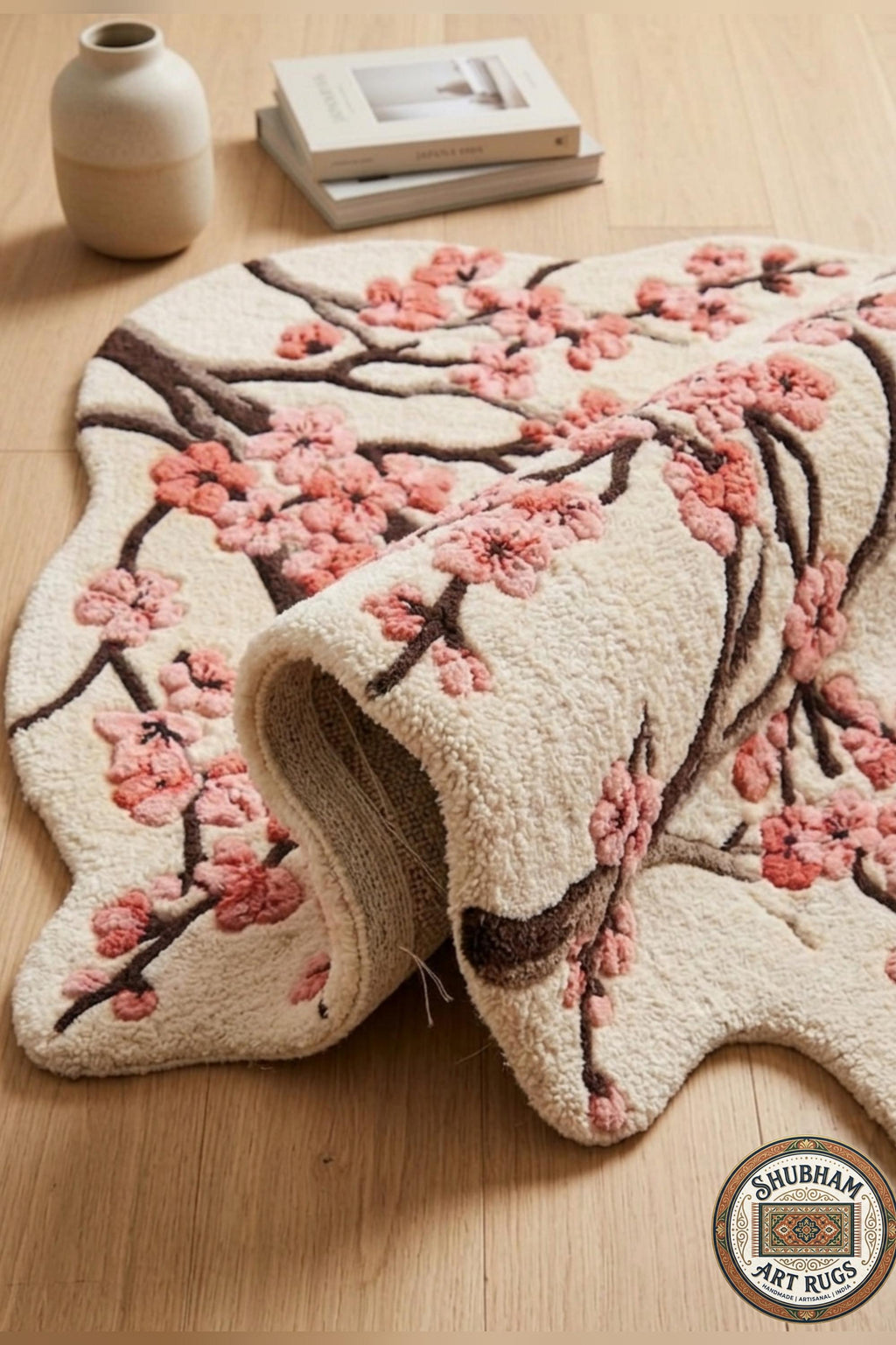 Hand Tufted Cherry Blossom Wool Rug, New Zealand Wool, Organic Floral Carpet Runner