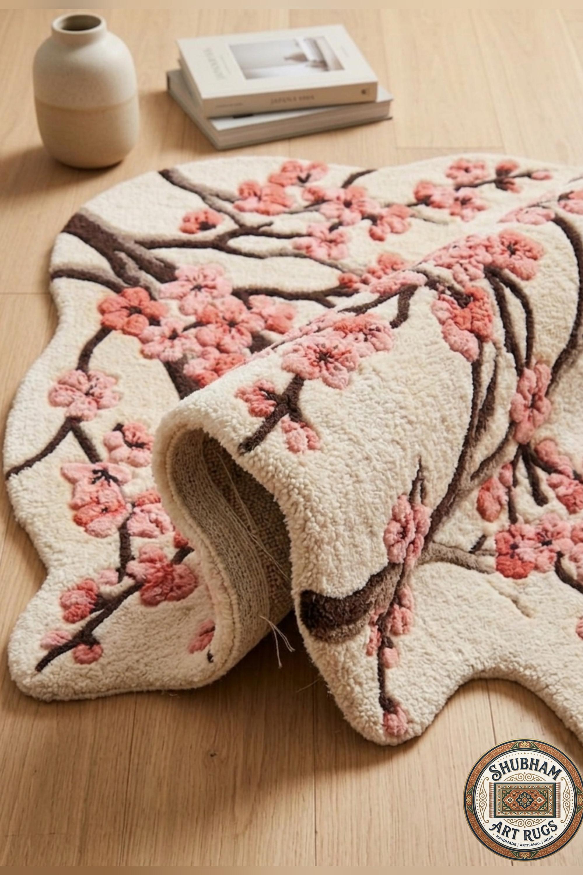Hand Tufted Cherry Blossom Wool Rug, New Zealand Wool, Organic Floral Carpet Runner