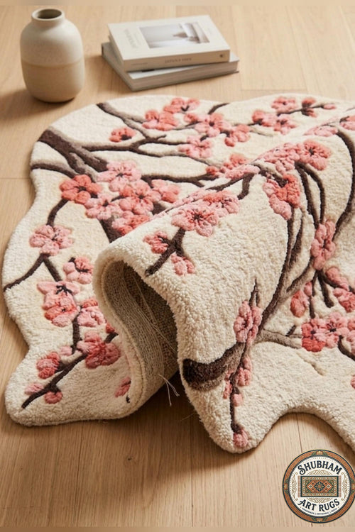 Hand Tufted Cherry Blossom Wool Rug, New Zealand Wool, Organic Floral Carpet Runner