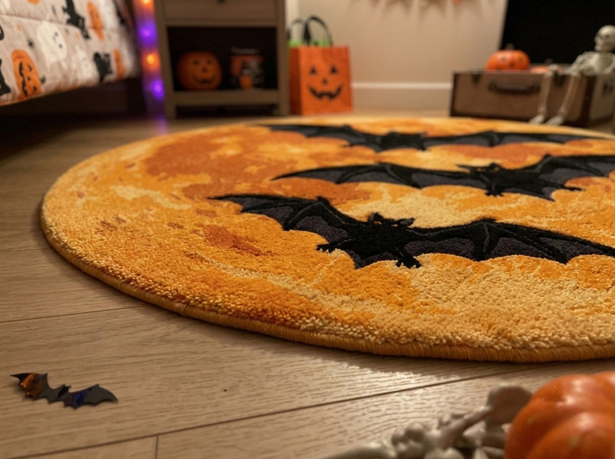 Halloween Bat Rug, Hand Tufted New Zealand Wool, Orange Moon Area Rug, Spooky Gothic Decor, Bat Lover Gift, Fall Home Accent Decor!