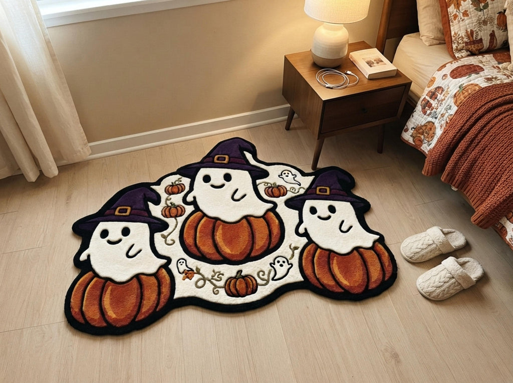 Hand Tufted New Zealand Wool Halloween Rug, Ghosts, Pumpkins, Witch Hats (Custom Shape)
