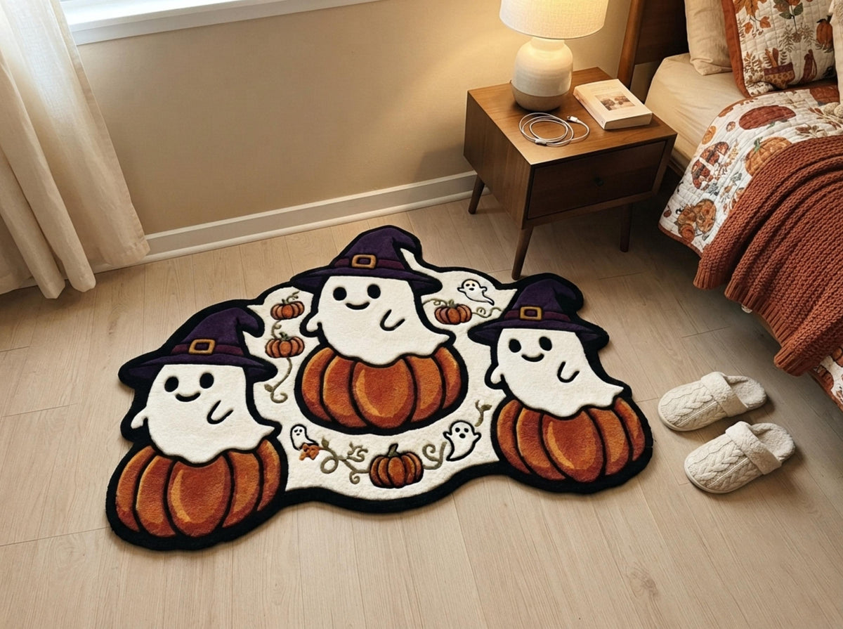 Hand Tufted New Zealand Wool Halloween Rug, Ghosts, Pumpkins, Witch Hats (Custom Shape)