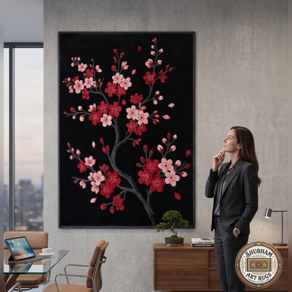 Hand Tufted Wool Cherry Blossom Rug, Japanese Floral Carpet, Black Pink Area Rug