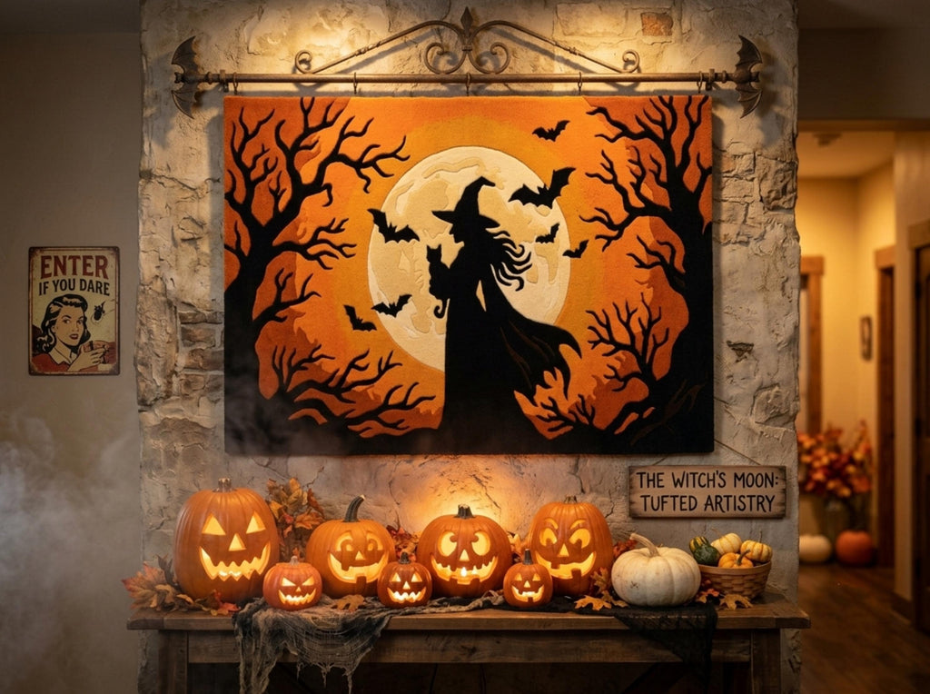 Halloween Witch Rug, Hand Tufted New Zealand Wool Rug, Gothic Orange Moon Bat Carpet, Spooky Fall Decor, Halloween Living Room Rug