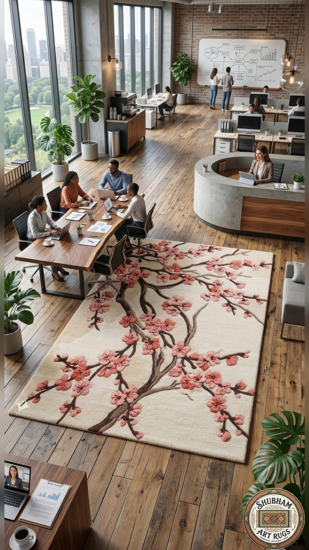 Hand Tufted Wool Rug, Cherry Blossom Floral, New Zealand wool, Japanese Style Carpet