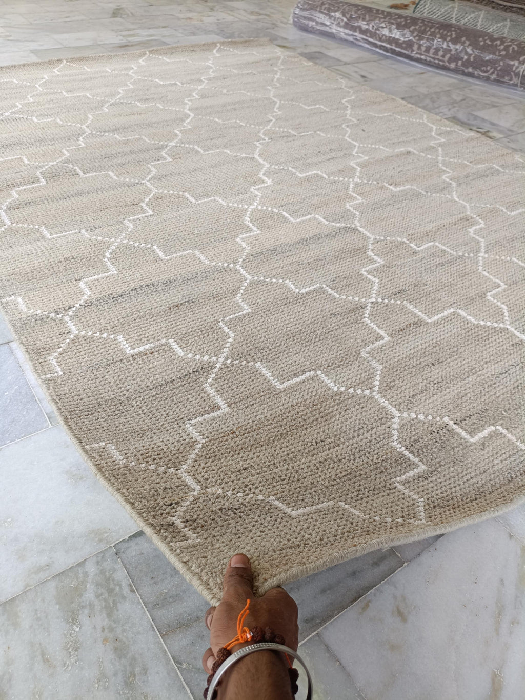 Hand Knotted Wool Rug, Beige Geometric Moroccan Style Living Room Carpet