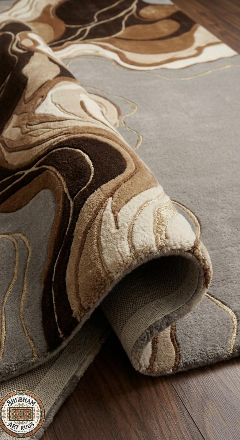 Hand Tufted Wool Abstract Rug: Modern Wavy Design, Neutral Brown Grey Carpet