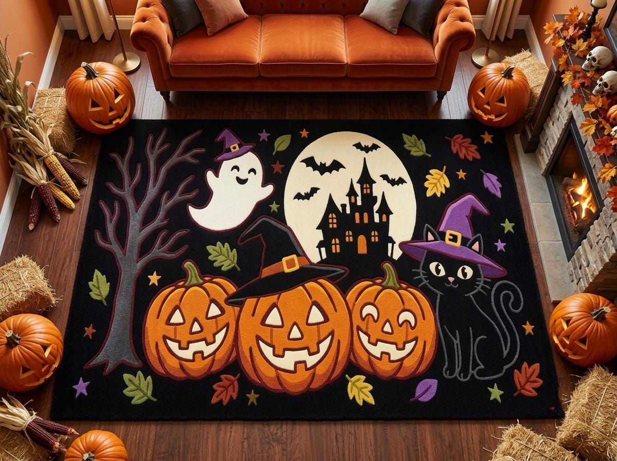 Halloween Pumpkin Ghost Rug, Hand Tufted New Zealand Wool Area Rug, Witchy Haunted House Decor, Spooky Fall Home Accent for Seasonal Style