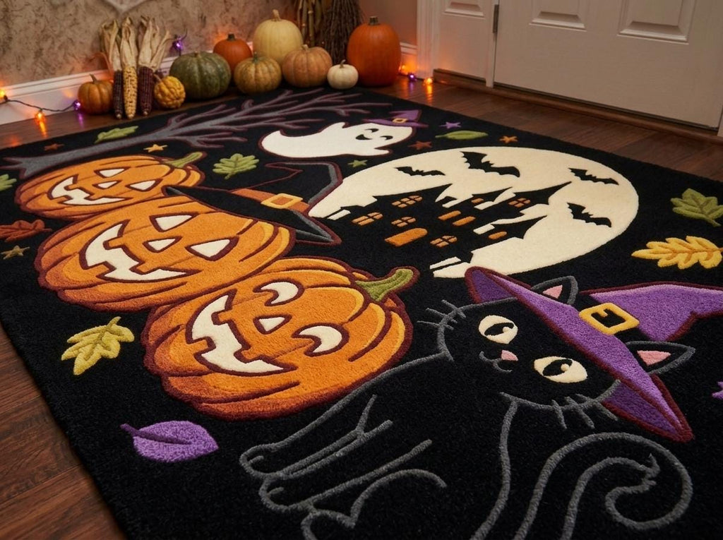 Halloween Pumpkin Ghost Rug, Hand Tufted New Zealand Wool Area Rug, Witchy Haunted House Decor, Spooky Fall Home Accent for Seasonal Style