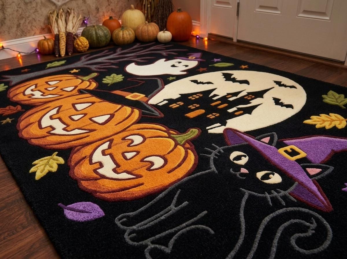 Halloween Pumpkin Ghost Rug, Hand Tufted New Zealand Wool Area Rug, Witchy Haunted House Decor, Spooky Fall Home Accent for Seasonal Style