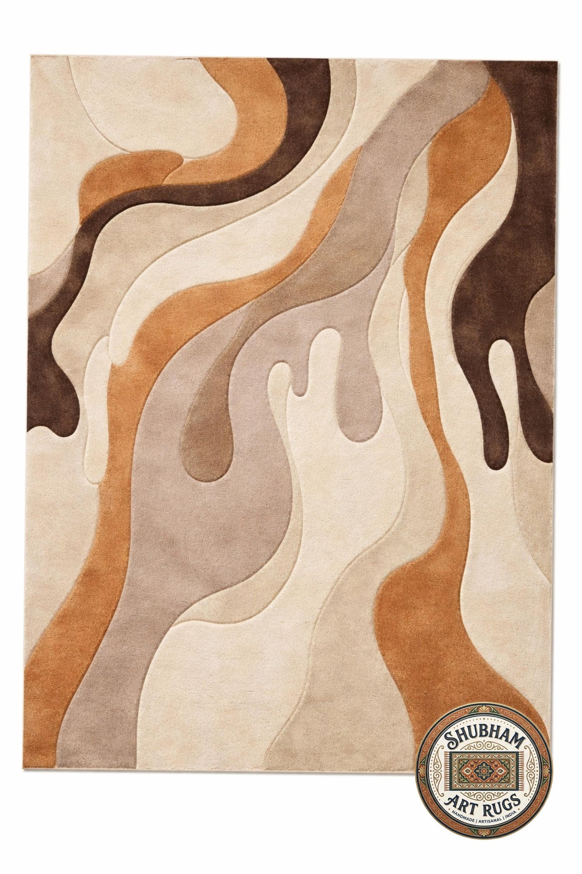 Abstract Wavy Wool Rug, Modern Neutral Beige Brown Carpet, Custom Area Rug