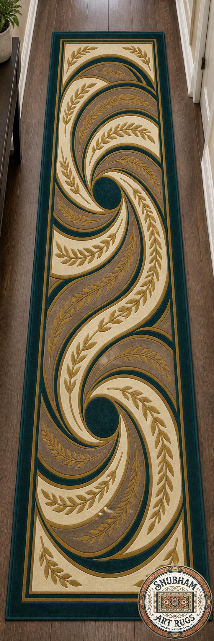 Hand Tufted Wool Rug: Abstract Swirl Leaf Design, Green Beige Gold Carpet