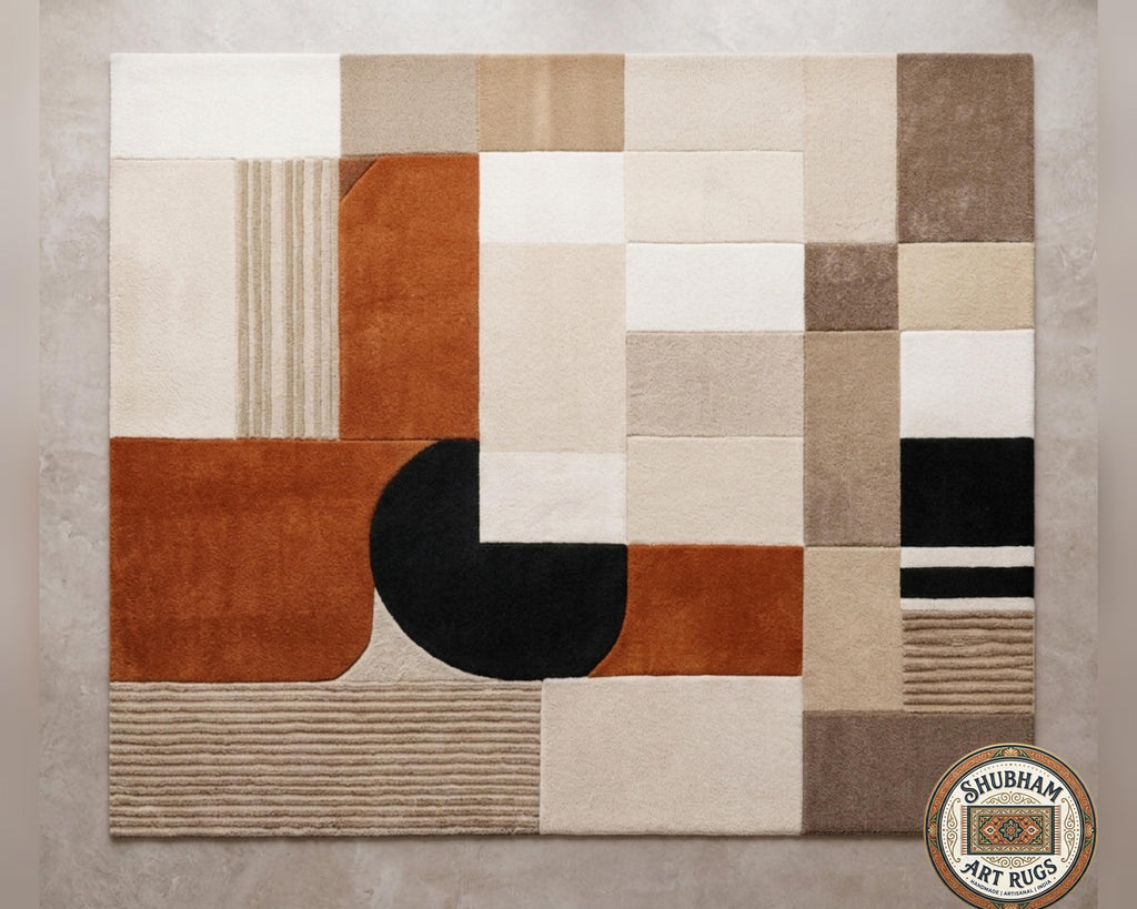 Hand Tufted Wool Rug, Modern Abstract Geometric Beige Terracotta Black Carpet
