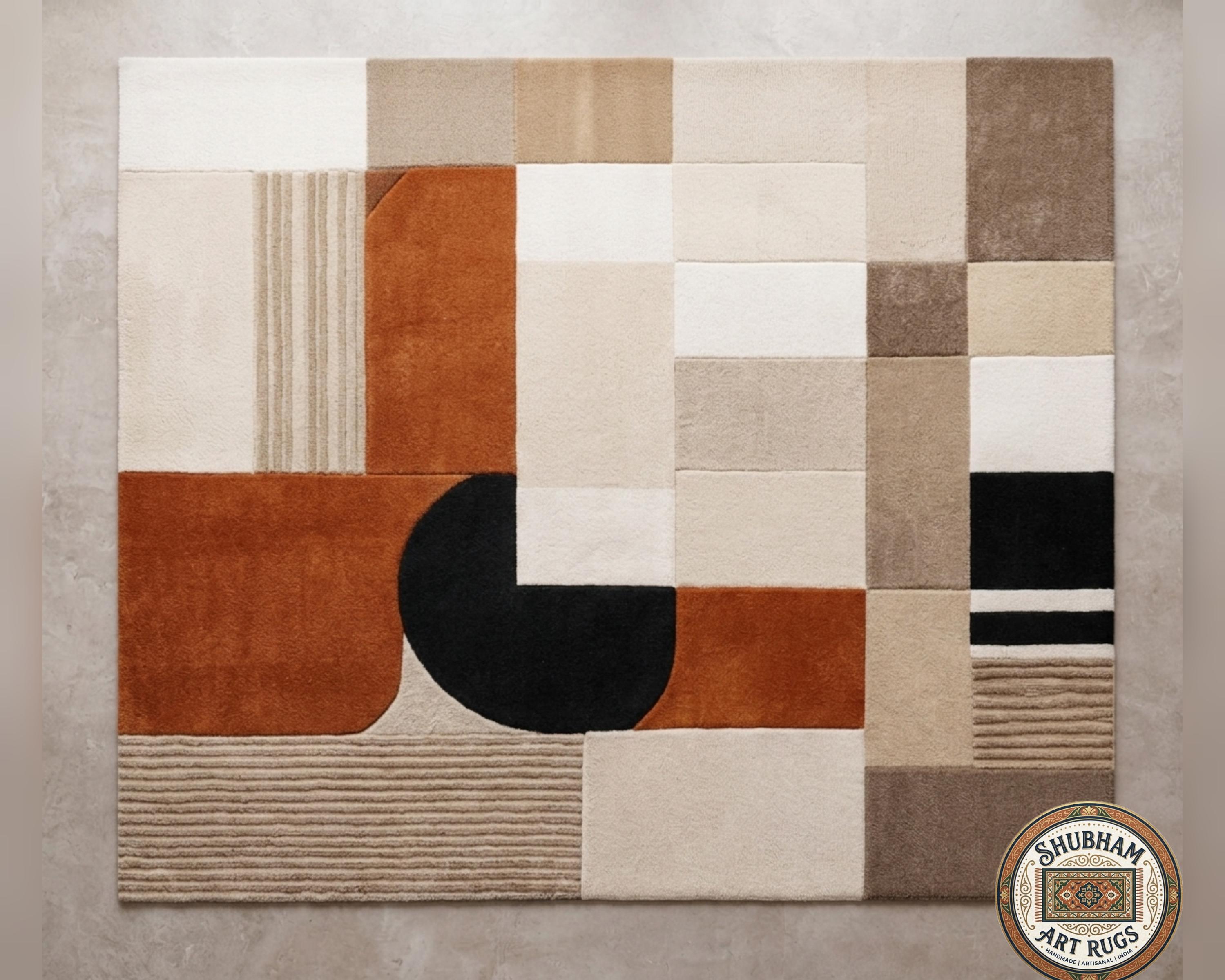 Hand Tufted Wool Rug, Modern Abstract Geometric Beige Terracotta Black Carpet