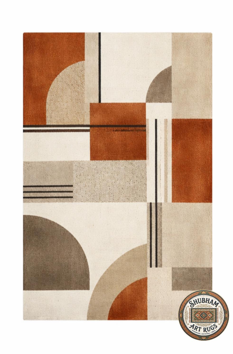 Hand Tufted Wool Rug, Geometric Mid Century Abstract Carpet, Neutral Living Room Area Rug