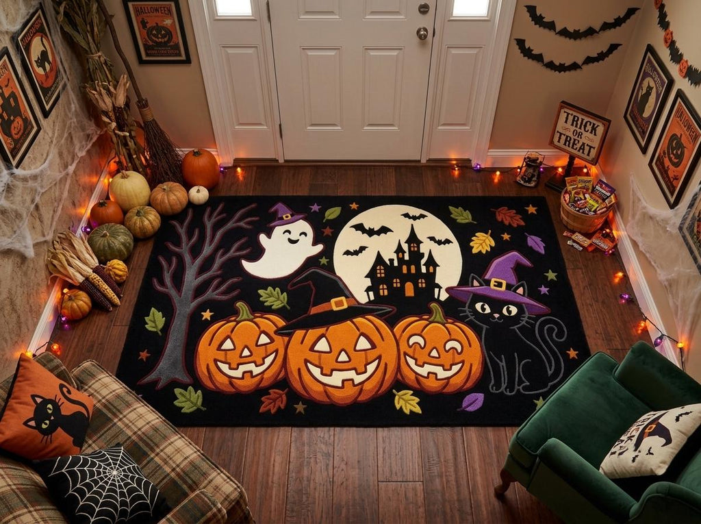 Halloween Pumpkin Ghost Rug, Hand Tufted New Zealand Wool Area Rug, Witchy Haunted House Decor, Spooky Fall Home Accent for Seasonal Style