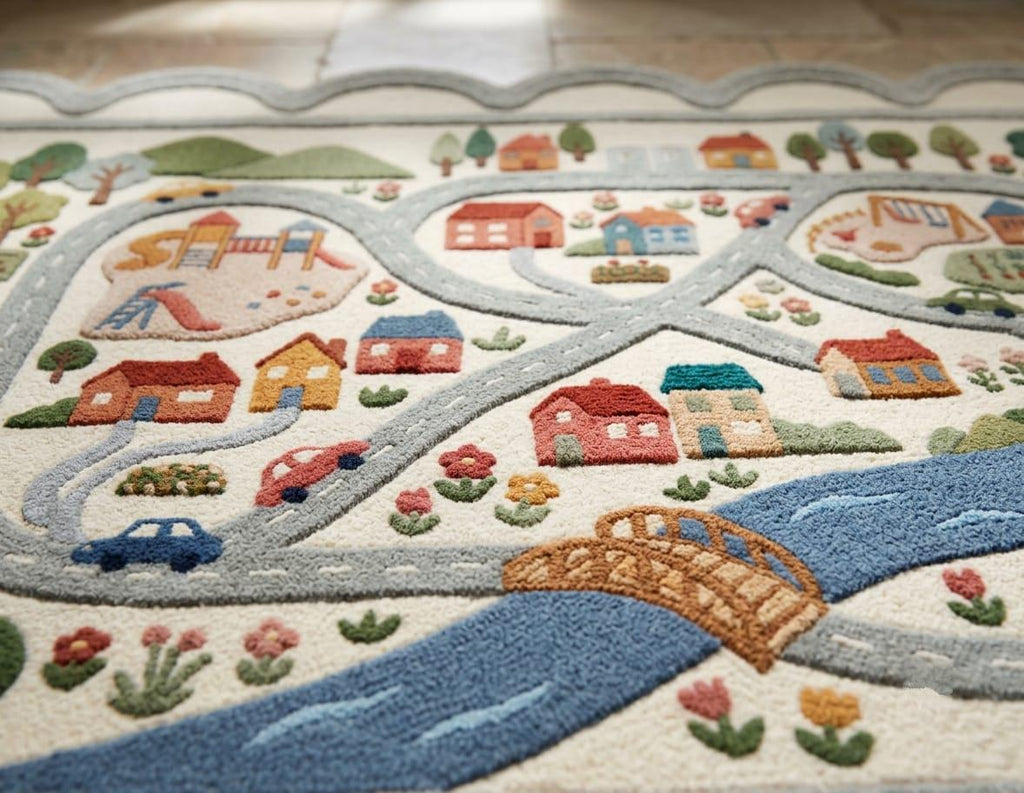 Hand Tufted New Zealand Wool Kids Road Map Rug Scalloped Border Playroom Boho Living Room Carpet