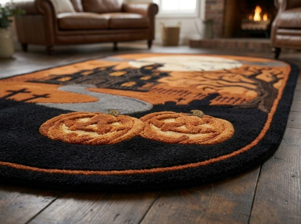 Hand Tufted New Zealand Wool Halloween Rug, Haunted House, Gothic Pumpkin Area Rug