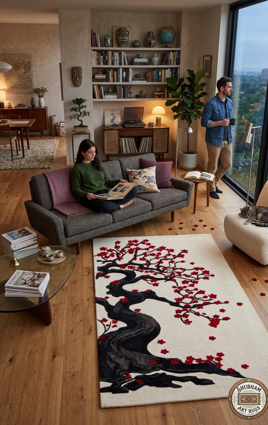 Hand Tufted Wool Rug: Japanese Cherry Blossom Tree Floral Carpet