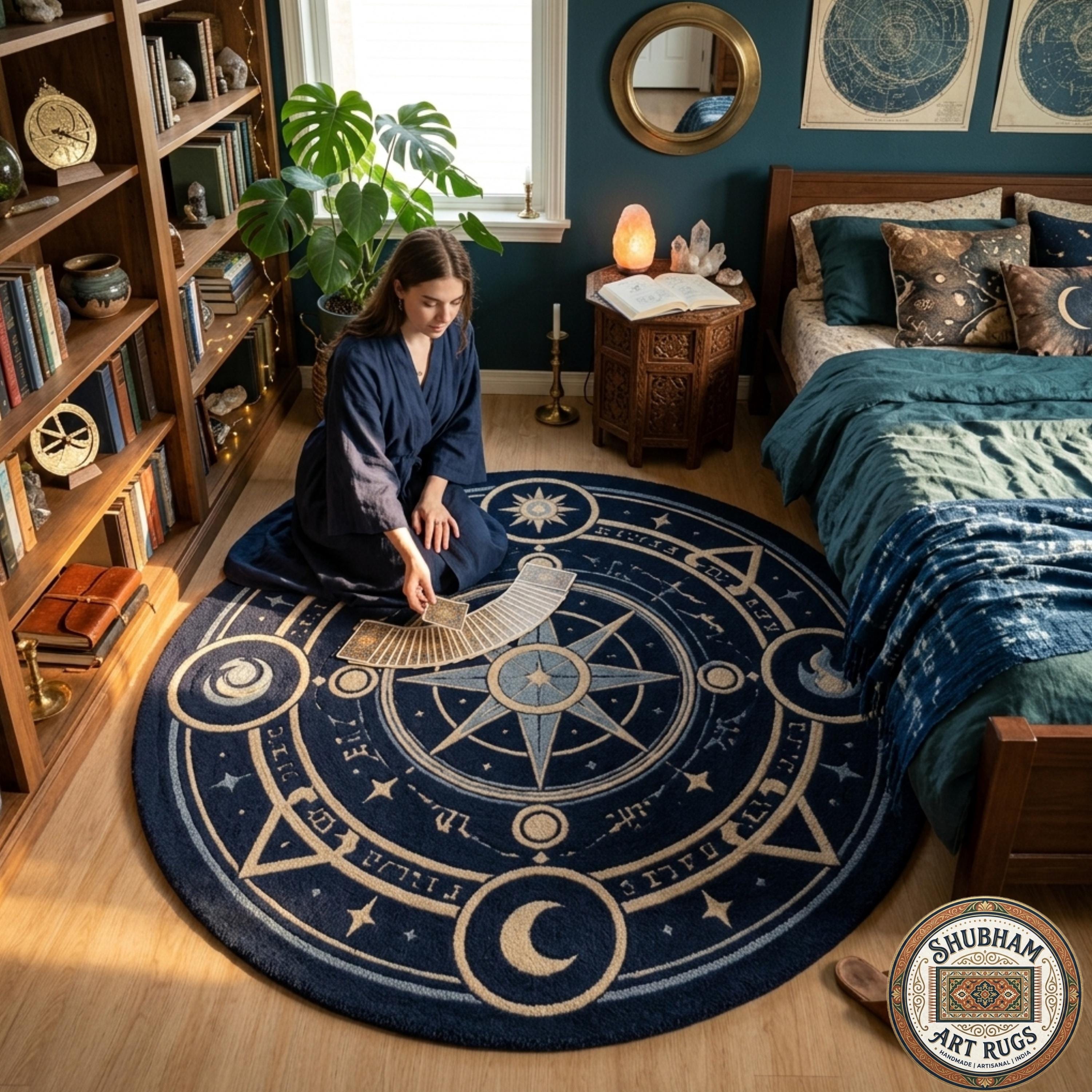 Hand Tufted Wool Celestial Rug, Magic Circle Round Carpet, Astrology Star Navy Blue