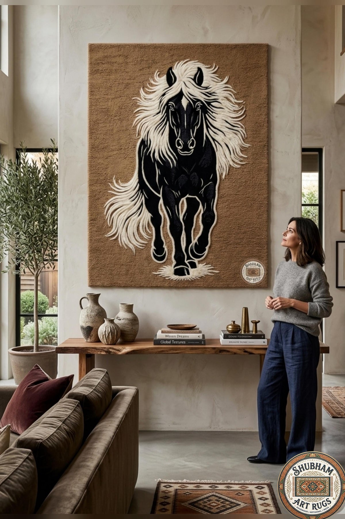 Hand Tufted Black Horse Wool Rug, Artistic Animal Area Carpet