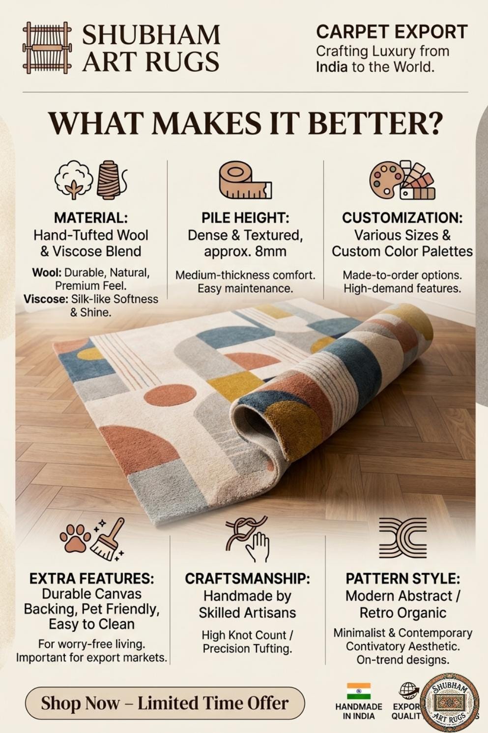 Hand Tufted Wool Rug: Modern Abstract Geometric Carpet for Living Room