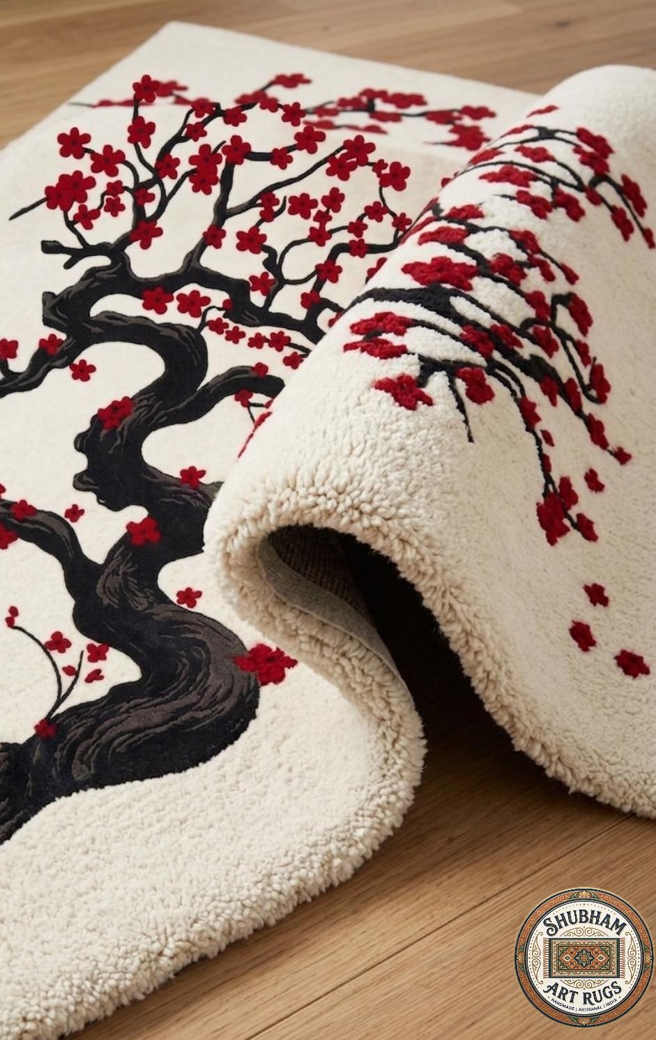 Hand Tufted Wool Rug: Japanese Cherry Blossom Tree Floral Carpet